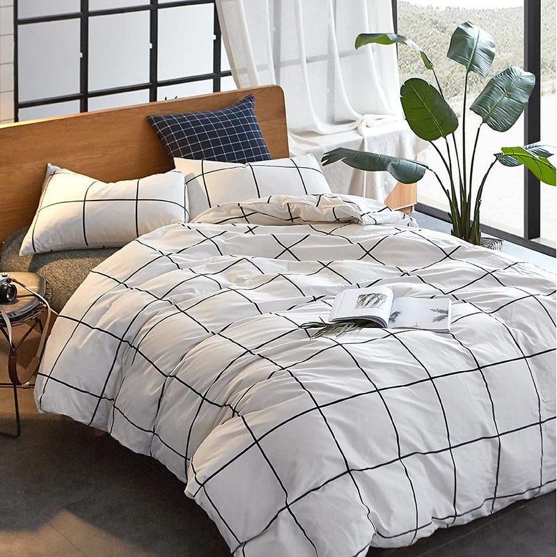 CLOTHKNOW White Grid Queen Comforter Set 3Pcs Plaid Bedding Comforter Sets Geometric Comforter Soft White Comforter with 2 x Pillow Cases - Image 2